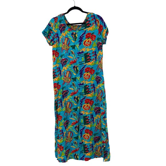 Vintage Hawaiian 90s Vibrant Colorfuo Artsy MIDI Button Dress Women’s Medium - Picture 1 of 10